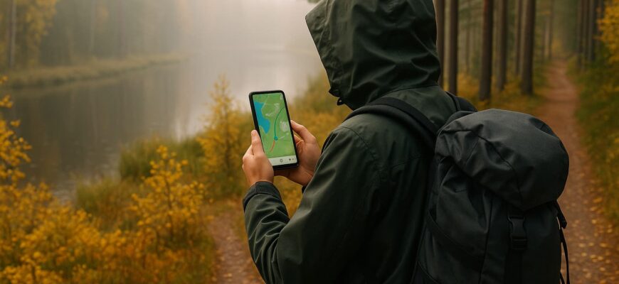 Турист в Карелии с телефоном