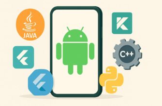 Смартфон с логотипом Android, окружённый иконками языков программирования