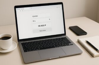 Стильный рабочий стол с ноутбуком, на экране открыт минималистичный веб-калькулятор в браузере